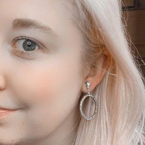 Vintage Clip On Earrings Dangle White Silver Hoop Glitzy Glam Sparkles Gems